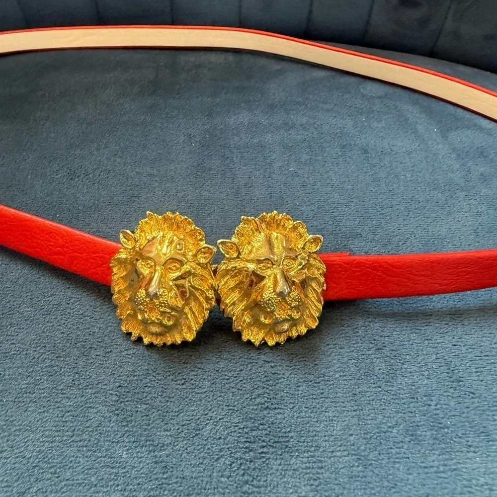 Vintage 1981 Jeanne Bouchever Red Belt Gold Lion Buckle 29”